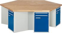 Gruppenwerkbank, KantenlängexHöhe 1350x840 mm, Platte Buche 40 mm, RAL 7035/5010, 6 Unterbauschränke