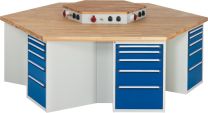 Gruppenwerkbank, KantenlängexHöhe 1350x840 mm, Energieaufsatz bestückt und verdrahtet, 6 Schränke, Platte Buche 40 mm, RAL 7035/5010