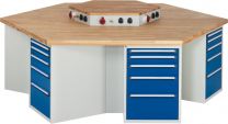 Gruppenwerkbank, KantenlängexHöhe 1350x850 mm, Energieaufsatz bestückt und verdrahtet, Platte Buche 50 mm, RAL 7035/5010