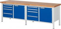 Werkbank, BxTxH 2500x700x840 mm, 8 Schubladen: 4x90/4x180 mm, 2 Türen 540 mm, 2 Böden, Platte Buche 40 mm, RAL 7035/5010