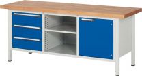 Werkbank, BxTxH 2000x700x840 mm, 3 Schubladen 180 mm, 1 Tür 540 mm, 1 Boden, Platte Buche 40 mm, RAL 7035/5010