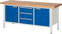 Werkbank, BxTxH 2000x700x840 mm, 3 Schubladen 180 mm, 2 Türen 540 mm, 2 Böden, Platte Buche 40 mm, RAL 7035/5010