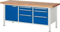 Werkbank, BxTxH 2000x700x840 mm, 1 Tür 540 mm, 1 Boden, 6 Schubladen: 2x90/2x180/2x270 mm, Platte Buche 40 mm, RAL 7035/5010