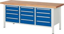 Werkbank, BxTxH 2000x700x840 mm, 12 Schubladen: 6x120/6x150 mm, Platte Buche 40 mm, RAL 7035/5010