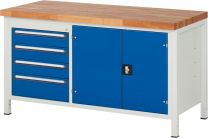 Werkbank, BxTxH 1500x700x840 mm, 4 Schubladen: 3x120/180 mm, 1 Doppeltür mit 1 Boden, Platte Buche 40 mm, RAL 7035/5010