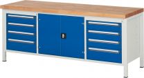 Werkbank, BxTxH 2000x700x840 mm, 8 Schubladen: 6x120/2x180 mm, 1 Doppeltür mit 1 Boden, Platte Buche 40 mm, RAL 7035/5010