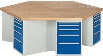 6-Eck-Werkbank, Platte Buche 40 mm, mit 6 Unterbauschränken mit je 5 Schubladen, Kantenlänge 1350 mm, Höhe 840 mm, RAL 7035/5010