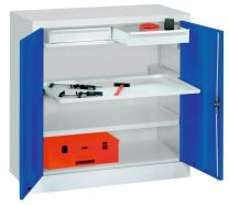 Werkzeugschrank, Vollblechtüren, 1 beschichteter Boden, 1 Auszugboden, 2 Schubl. 75 mm, BxTxH 1000x500x1000 mm, RAL 7035/5010