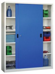 Schiebetürenschrank, Vollblechtüren, 8 verzinkte Böden, mit Trennwand, BxTxH 1500x400x1950 mm, RAL 7035/5010