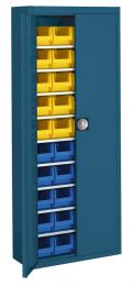 Flügeltürenschrank, BxTxH 680x280x1740 mm, RAL 5007 brillantblau, Fachlast 50 kg, mit Sichtlagerkästen: 20xGr. 4 gelb, 20xGr. 4 blau