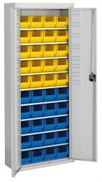 Flügeltürenschrank, BxTxH 680x280x1740 mm, RAL 6011 resedagrün, Fachlast 50 kg, mit Sichtlagerkästen: 20xGr. 4 gelb, 20xGr. 4 blau