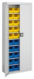 Flügeltürenschrank, BxTxH 680x280x1740 mm, RAL 7035 lichtgrau, Fachlast 50 kg, mit Sichtlagerkästen: 20xGr. 4 gelb, 20xGr. 4 blau