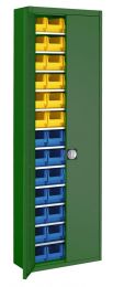 Flügeltürenschrank, BxTxH 680x280x2150 mm, RAL 6011 resedagrün, Fachlast 50 kg, mit Sichtlagerkästen: 24xGr. 4 gelb, 28xGr. 4 blau