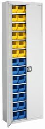 Flügeltürenschrank, BxTxH 680x280x2150 mm, RAL 7035 lichtgrau, Fachlast 50 kg, mit Sichtlagerkästen: 24xGr. 4 gelb, 28xGr. 4 blau