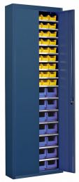 Flügeltürenschrank, BxTxH 680x280x2150 mm, RAL 5007 brillantblau, Fachlast 50 kg, mit Sichtlagerkästen: 54xGr. 5 gelb, 28xGr. 4 blau