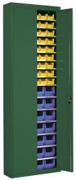Flügeltürenschrank, BxTxH 680x280x2150 mm, RAL 6011 resedagrün, Fachlast 50 kg, mit Sichtlagerkästen: 54xGr. 5 gelb, 28xGr. 4 blau