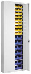 Flügeltürenschrank, BxTxH 680x280x2150 mm, RAL 7035 lichtgrau, Fachlast 50 kg, mit Sichtlagerkästen: 54xGr. 5 gelb, 28xGr. 4 blau