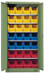 Flügeltürenschrank, BxTxH 950x420x1950 mm, RAL 6011 resedagrün, Fachlast 80 kg, mit Kästen: 8xGr. 3 rot, 8xGr. 3 blau, 12xGr. 3 gelb