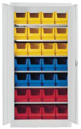 Flügeltürenschrank, BxTxH 950x420x1950 mm, RAL 7035 lichtgrau, Fachlast 80 kg, mit Kästen: 8xGr. 3 rot, 8xGr. 3 blau, 12xGr. 3 gelb