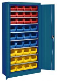 Flügeltürenschrank, BxTxH 950x420x1950 mm, RAL 5007 brillantblau, Fachlast 80 kg, mit Kästen: 12xGr. 3 rot, 8xGr. 3z blau, 12xGr. 3z gelb