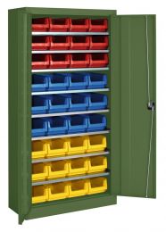 Flügeltürenschrank, BxTxH 950x420x1950 mm, RAL 6011 resedagrün, Fachlast 80 kg, mit Kästen: 12xGr. 3z rot, 12xGr. 3z blau, 12xGr. 3z gelb