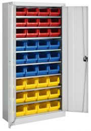 Flügeltürenschrank, BxTxH 950x420x1950 mm, RAL 7035 lichtgrau, Fachlast 80 kg, mit Kästen: 12xGr. 3z rot, 12xGr. 3z blau, 12xGr. 3z gelb