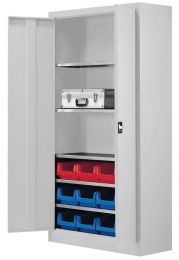 Flügeltürenschrank, BxTxH 950x420x1950 mm, RAL 7035 lichtgrau, Fachlast 80 kg, mit Kästen: 4xGr. 3z rot, 8xGr. 3z blau