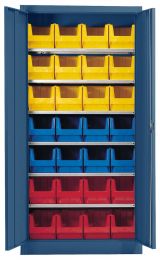 Flügeltürenschrank, BxTxH 950x420x1950 mm, RAL 5007 brillantblau, Fachlast 80 kg, mit Kästen: 8xGr. 3 rot, 8xGr. 3 blau, 12xGr. 3 gelb