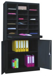 Ordnungsregal, BxTxH 1000x400x1950 mm, 3x6 Fächer, 1 Auszugboden, 1 Flügeltürenschrank 950 mm hoch mit 1 Boden, RAL 7016 anthrazit