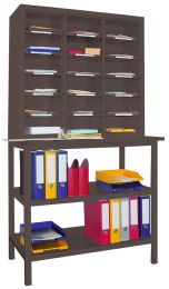Ordnungsregal, BxTxH 1000x600x1950 mm, 3x6 Fächer, Regaltiefe 400 mm, Ablagetisch HxT 950x600 mm mit 2 Böden, RAL 7016 anthrazit