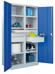 Schwerlastschrank, Vollblechtüren, mit Trennwand, 6 beschichtete Böden, Schubl.: 2x75,2x125, 2x175 mm, BxTxH 1040x630x1950 mm, RAL 7035/5010