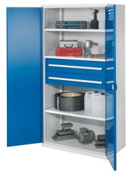 Schwerlastschrank, Vollblechtüren, 3 Fachböden, 2 Schubl.175 mm, BxTxH 1000x600x1950 mm, RAL 7035/5010