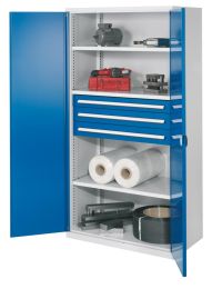 Schwerlastschrank, Vollblechtüren, 3 Fachböden, Schubl. 1x100, 2x125 mm, BxTxH 1000x600x1950 mm, RAL 7035/5010