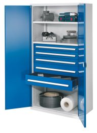 Schwerlastschrank, Vollblechtüren, 2 Fachböden, Schubl. 1x100, 2x125, 2x175, BxTxH 1000x600x1950 mm, RAL 7035/5010