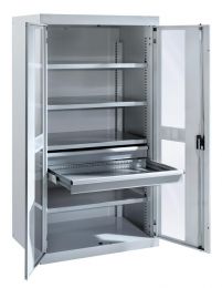 Lista Schwerlastschrank mit Sichtfensterflügeltüren, elektr. Zahlenschloss, BxTxH 1100x641x1950 mm, RAL 7035, 98.106.020