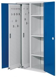 Schwerlastschrank, Vollblechtüren, 2 Vertikalauszüge, 3 Fachböden, BxTxH 1000x600x1950 mm, RAL 7035/5010