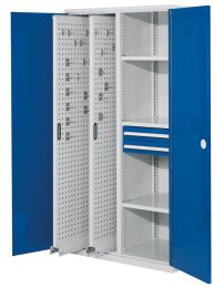 Schwerlastschrank, Vollblechtüren, 2 Vertikalauszüge, 3 Fachböden, 2 Schubl. BxTxH 1000x600x1950 mm, RAL 7035/5010