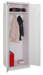 Garderobenschrank mit Sockel, 1 fester Fachboden, 1 Stange mit 10 Haken, BxTxH 600x500x1800 mm, RAL 7035