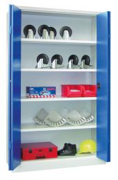 Falttürenschrank, Vollblechtüren, 4 beschichtete Böden, BxTxH 1200x500x1950 mm, RAL 7035/5010