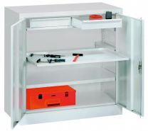 Werkzeugschrank, Vollblechtüren, 1 beschichteter Boden, 1 Auszugboden, 2 Schubl. 75 mm, BxTxH 1000x500x1000 mm, RAL 7035