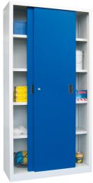 Schiebetürenschrank, Vollblechtüren, 4 verzinkte Böden, ohne Trennwand, BxTxH 1000x400x1950 mm, RAL 7035/5010