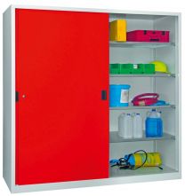 Schiebetürenschrank, Vollblechtüren, 8 verzinkte Böden, mit Trennwand, BxTxH 2000x600x1950 mm, RAL 7035/3000