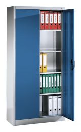 CP Flügeltürenschrank, BxTxH 930x400x1950 mm, 4 lackierte Fachböden, RAL 7035/5010 lichtgrau/enzianblau