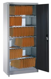 CP Flügeltürenschrank, BxTxH 930x400x1950 mm, 6 Pendelstangen System Elba/Leitz, RAL 7035/7021 lichtgrau/anthrazit