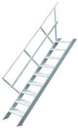 Leichtmetallbau Treppe stationär ohne Podest - Treppenneigung 45 Grad - Stufen-B. 600 mm - T. 250 mm - 1-seitiger Handlauf - 4 bis 10 Stufen - senkr. Höhe 2100 mm - 2940 mm