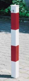 Versenkbar Sperrpfosten aus Alu, quadr. 70x70 mm, mit Profil-Zylinderschloß, weiß mit roten Leuchtst reifen