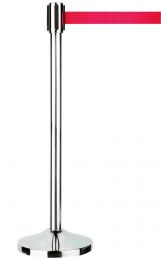 Gurtständer, Ausf. Chrom mit rotem Gurt, Höhe 1 m, Fußdurchm. 0,32 m, Gurtlänge max. 3 m, Gewicht 12,5 kg