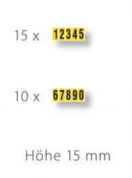 Ziffern 0-9, selbstklebend, Schrifthöhe 15 mm, VE 550 Etiketten mit 66x1-5 und 44x6-0, Schrift schwarz, Etikett gelb