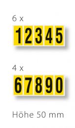 Ziffern 0-9, selbstklebend, Schrifthöhe 50 mm, VE 250 Etiketten mit 30x1-5 und 20x6-0, Schrift schwarz, Etikett gelb