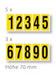 Ziffern 0-9, selbstklebend, Schrifthöhe 70 mm, VE 200 Etiketten mit 24x1-5 und 16x6-0, Schrift schwarz, Etikett gelb